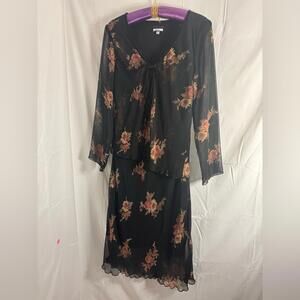 VTG Black Whimsigoth 90s Fairy Grunge Lettuce Hem Tie Front Midi Dress Size L-XL